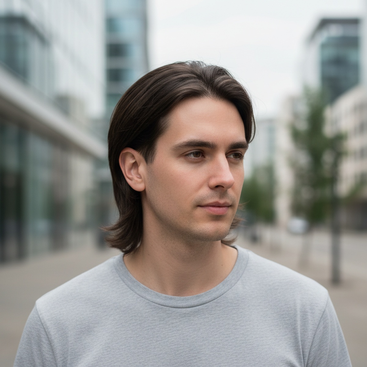 Man with a 2026 modern soft mullet haircut, natural flow, in urban daylight.