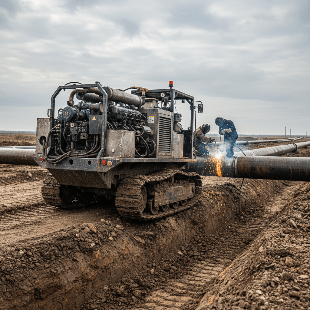 Rugged all-terrain welding plant navigates muddy trench with operators welding steel pipes.