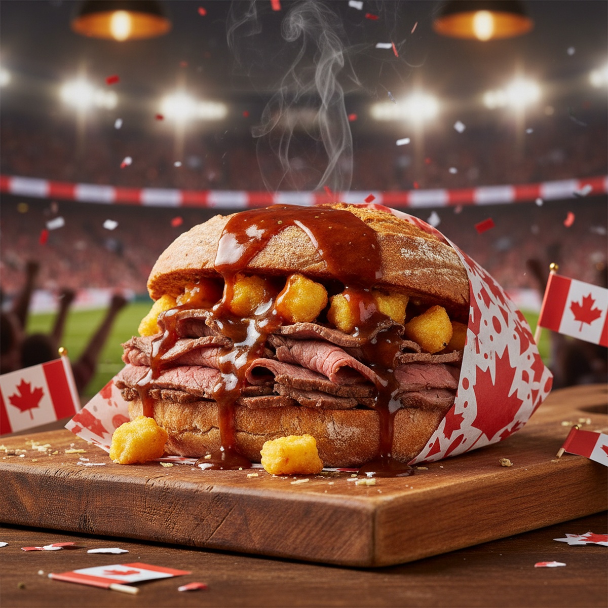 Gourmet roast beef sandwich inspired by poutine on a wooden board with gravy.