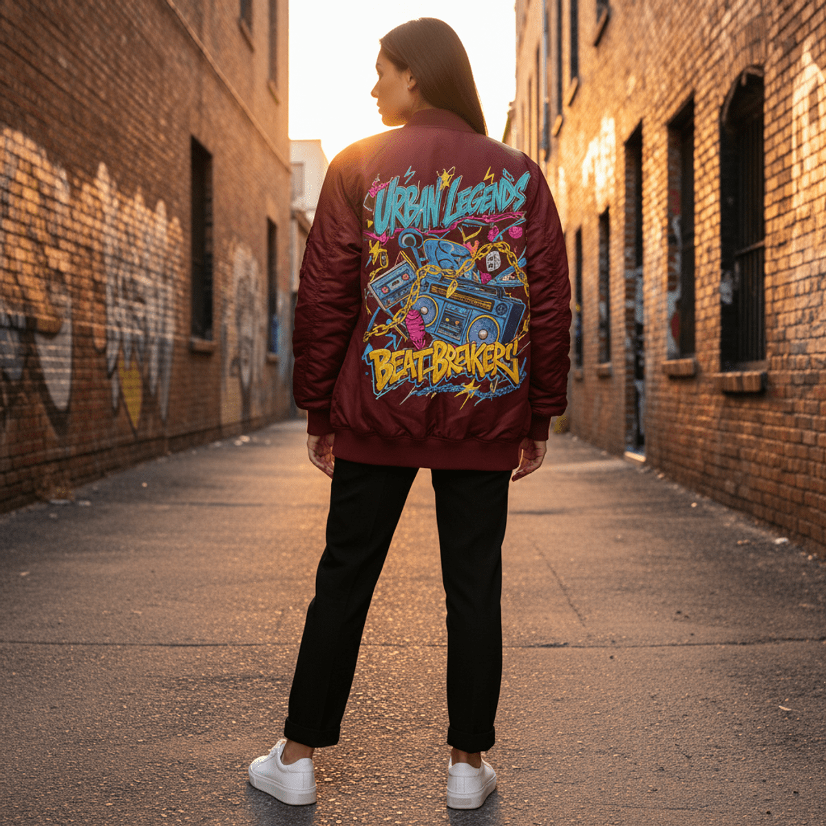 Model wearing burgundy MA-1 bomber jacket with hip-hop graphic in urban setting.