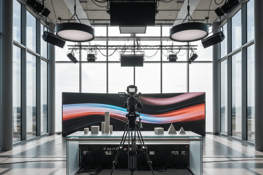 Professional broadcast studio with lighting rig, camera, and product display area bathed in soft natural light