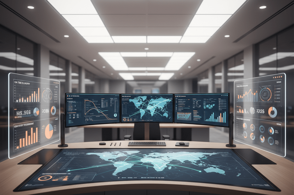 Empty command center desk with glowing maps and charts under ambient light symbolizing efficient operations