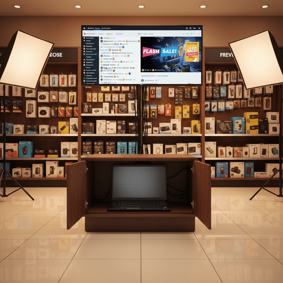 Inexpensive laptop displayed in a retail cabinet with monitor showing social media feeds.