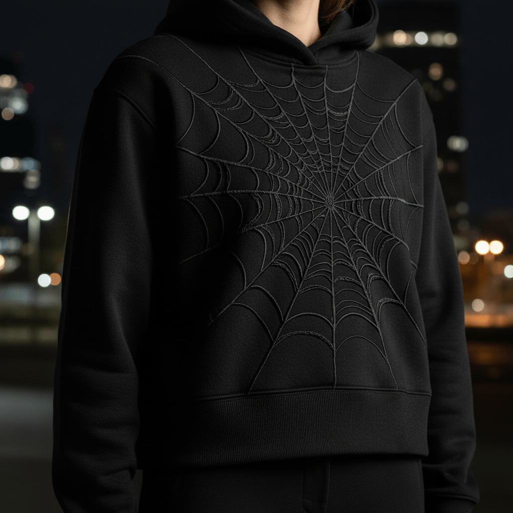 Close-up of black hoodie with detailed spiderweb embroidery on premium organic cotton.