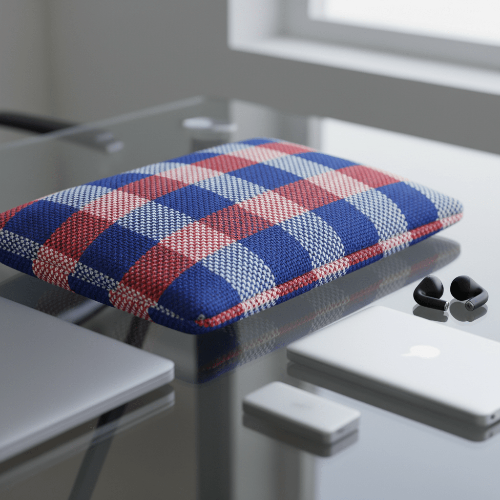 Padded laptop sleeve with bold woven blue, red, and white checkered pattern on a glass desk.