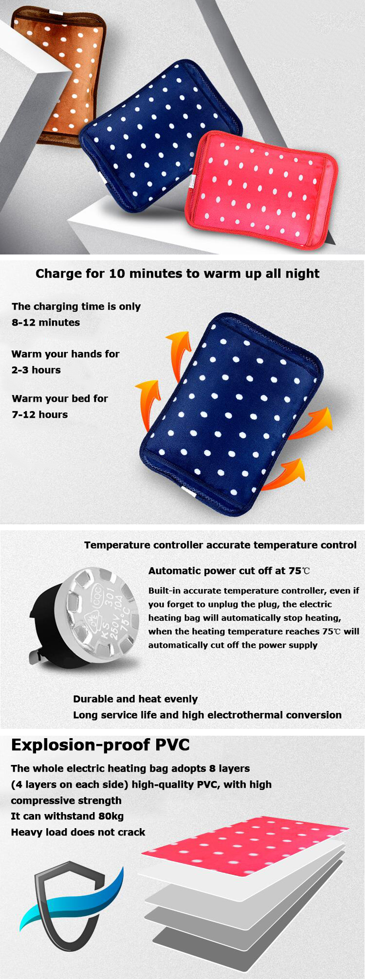 china manufacture self heat bag electric warm water bottle