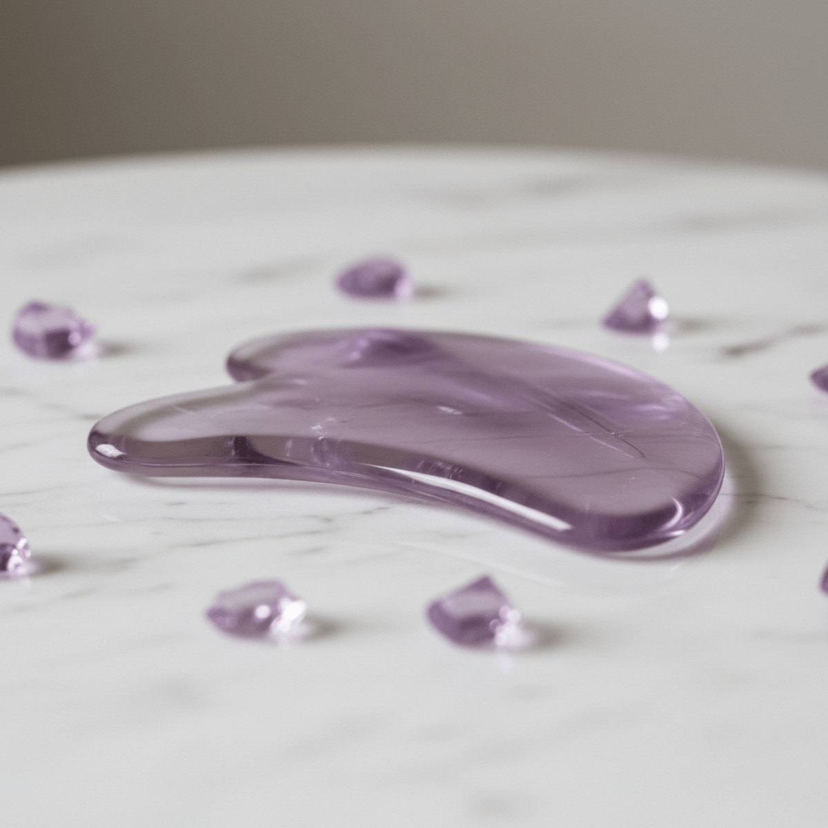 Clear lab-grown amethyst gua sha tool on white marble with crystal shards.