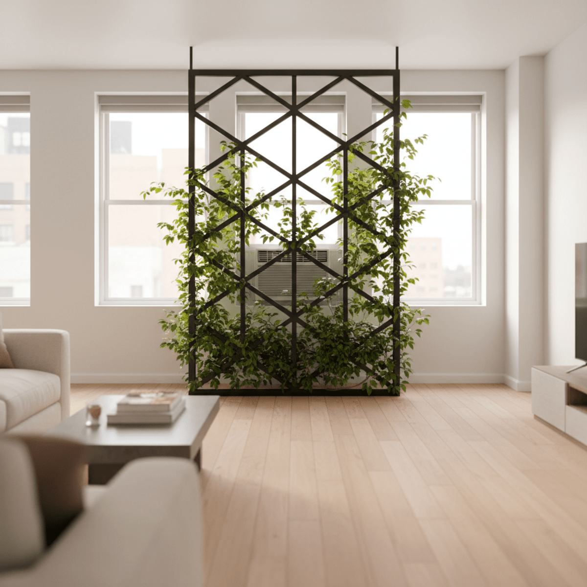 Sleek trellis conceals window AC with lush ivy Powder-coated steel trellis with English ivy hiding a window AC in a modern apartment.