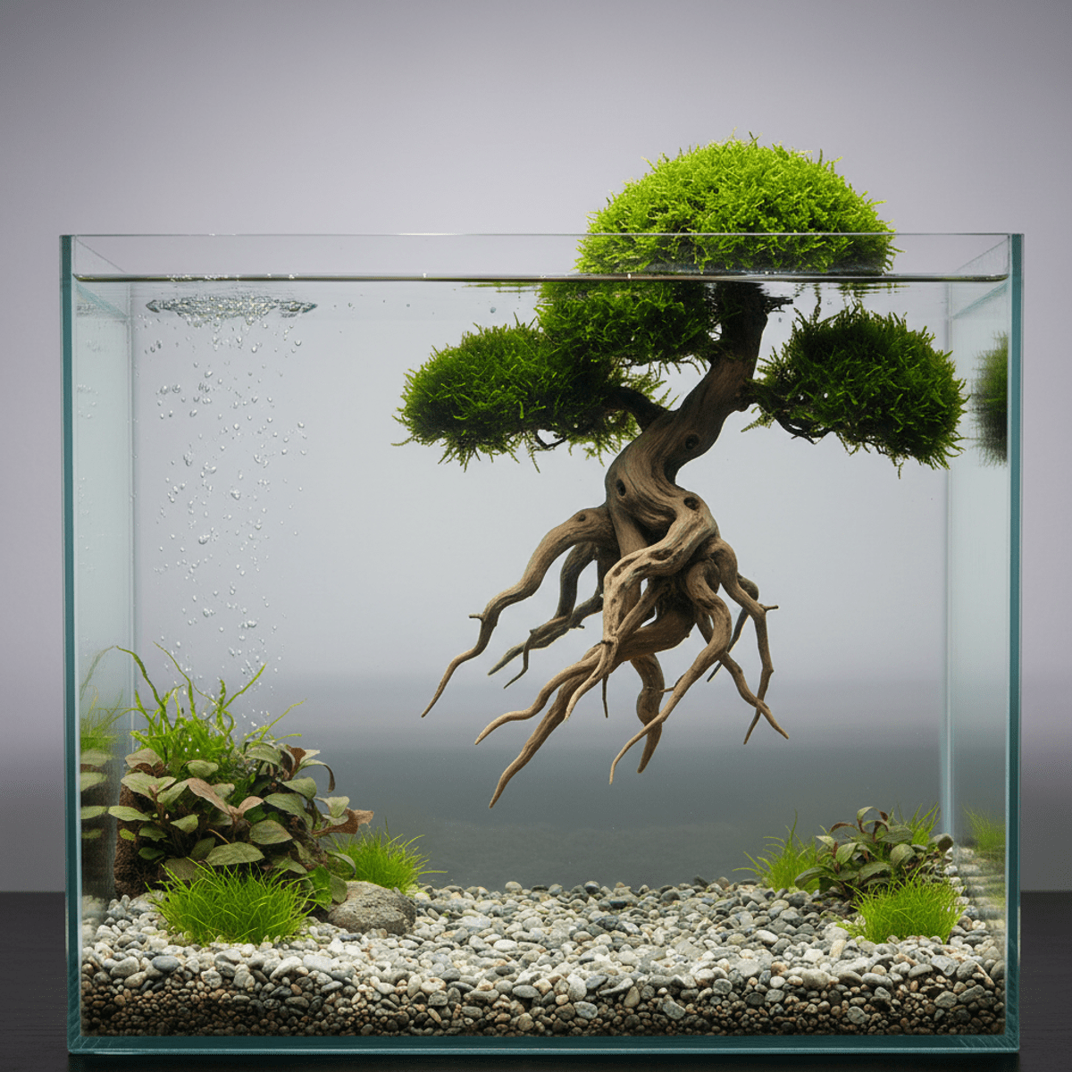 Floating bonsai tree island in a crystal-clear aquarium with intricate spiderwood and lush Java moss.