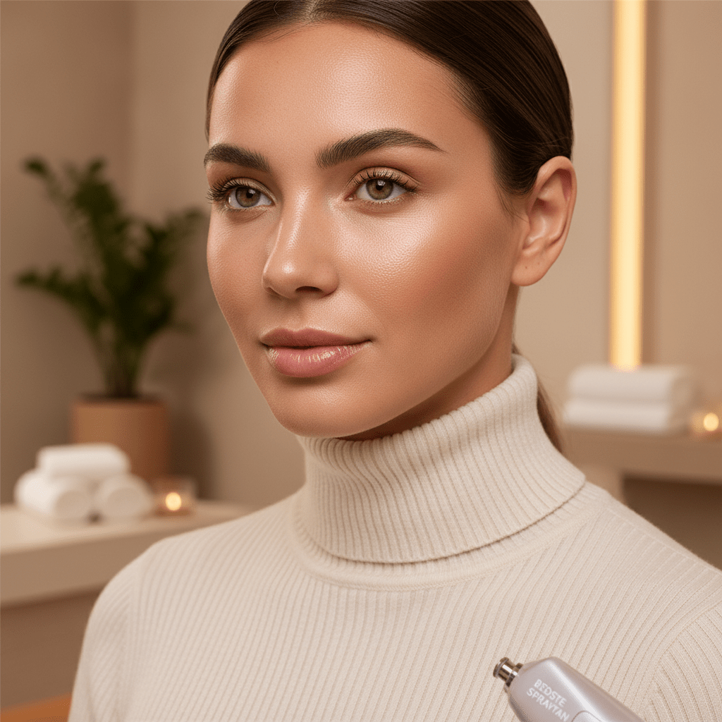 Close-up of radiant skin with subtle winter color correction in a spa.