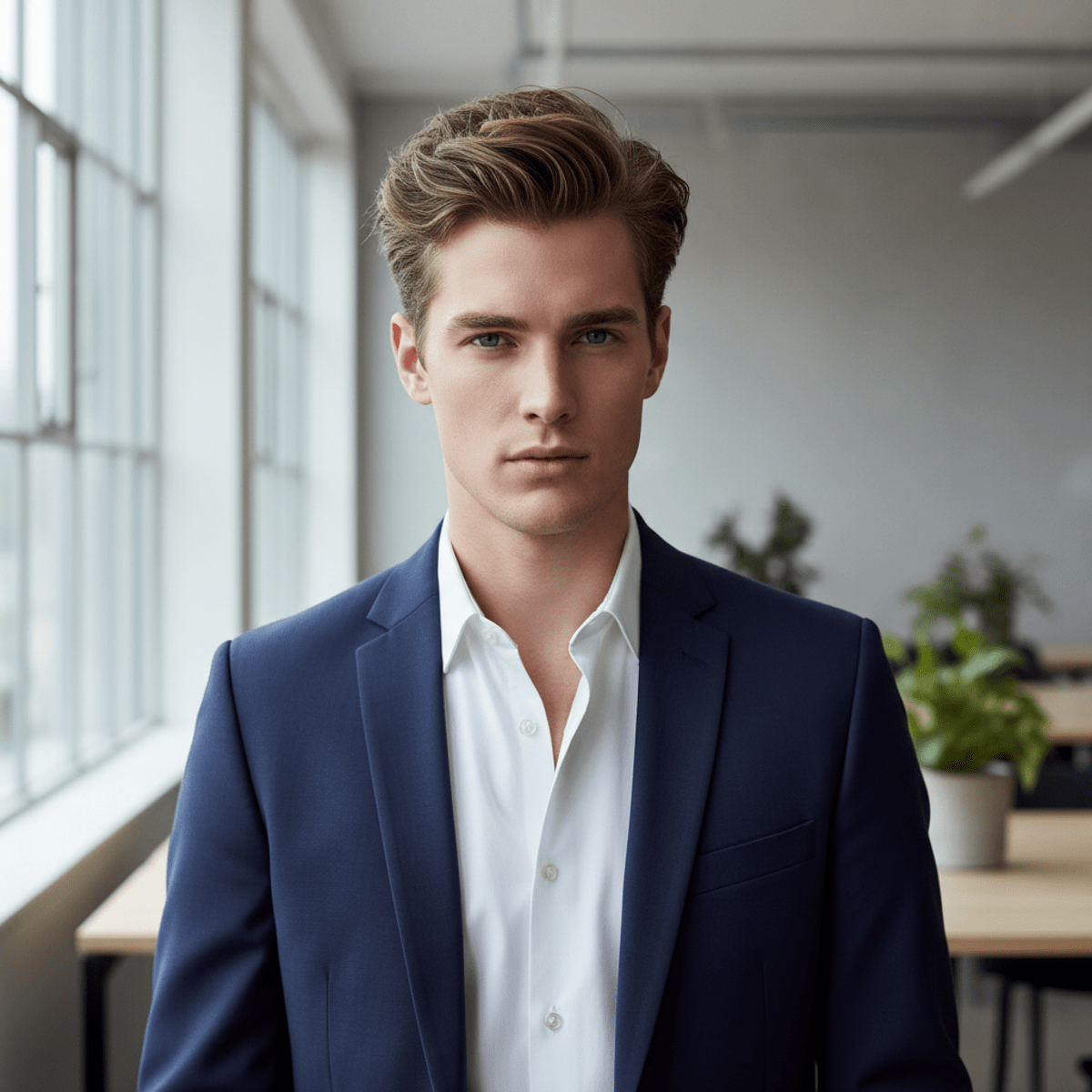 Male model with a modern Ivy League haircut and matte finish in an office.