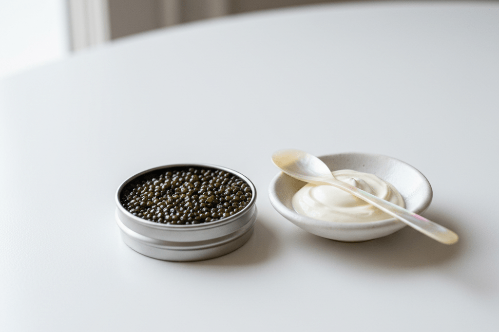 Close-up of premium black caviar in a tin beside crème fraîche and a mother-of-pearl spoon on a clean white surface