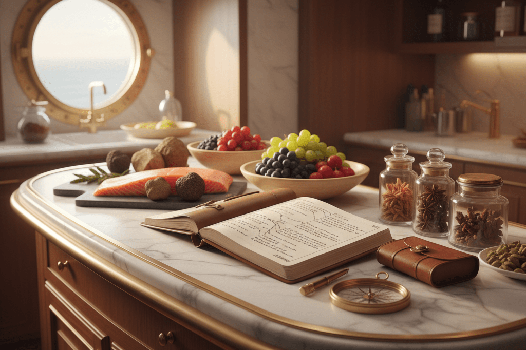 Close-up of gourmet food items and logistics notes on a luxury cruise ship galley counter under natural light