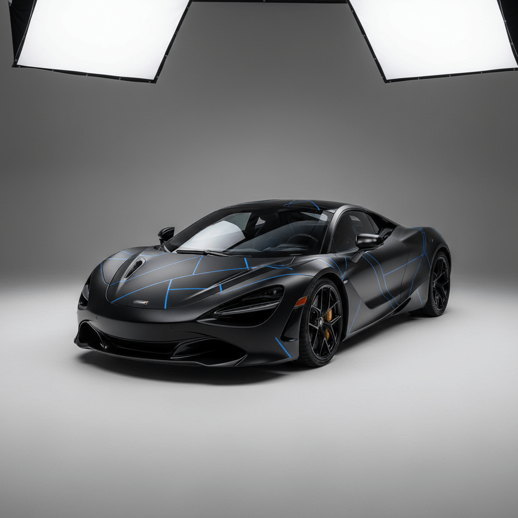 Satin black sports car wrap with electric blue geometric pinstriping and glowing effect.
