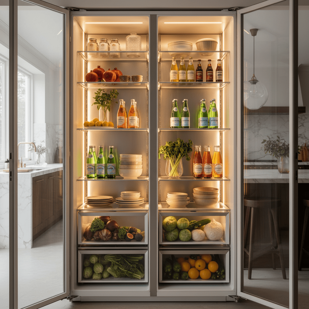Organized refrigerator with fluted glass, LED lights, drinks, produce, and serveware.