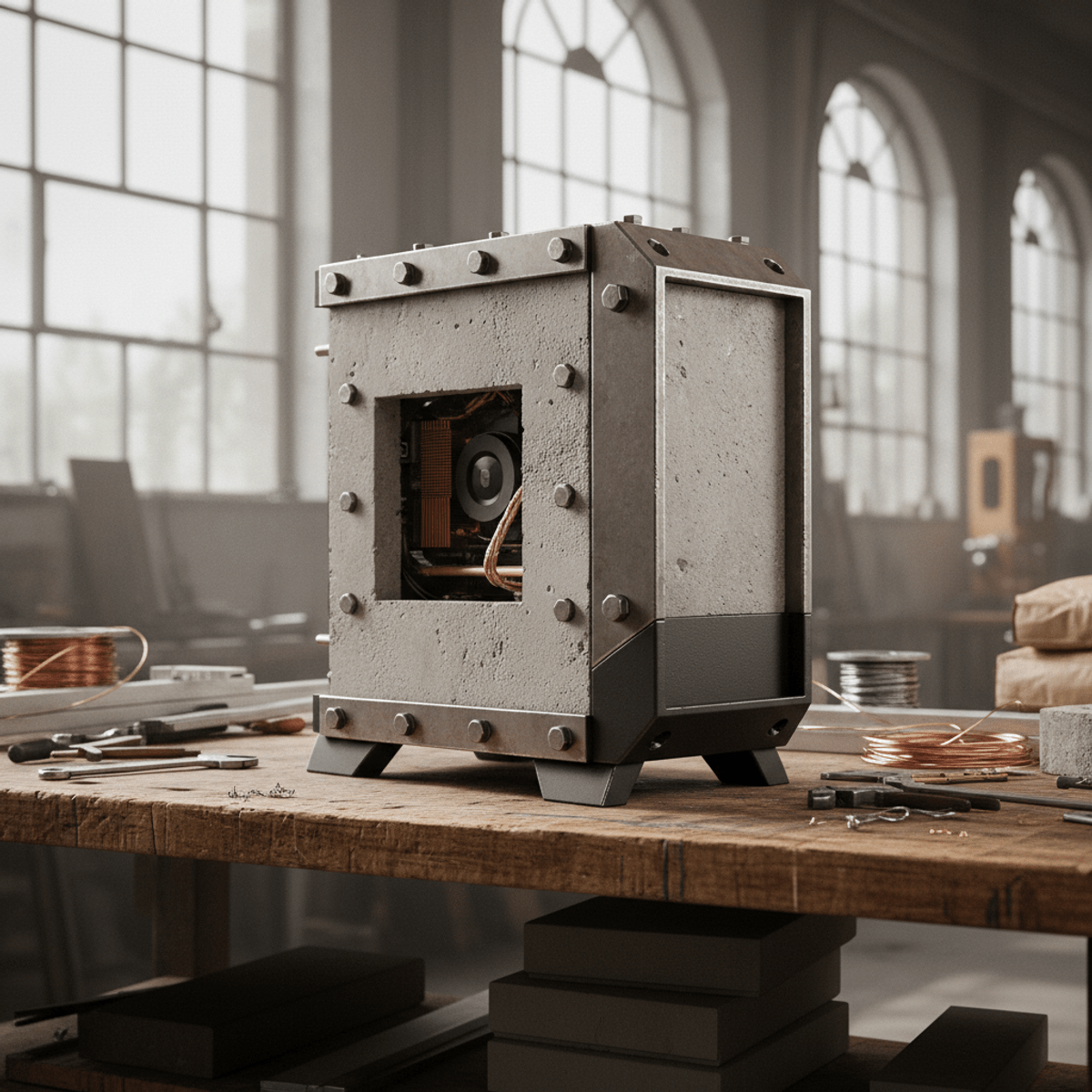 Brutalist PC gaming desktop with concrete panels on a workshop workbench.