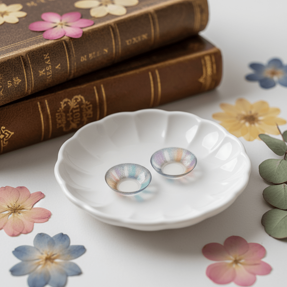 Macro view of pastel colored contacts with watercolor blending on a ceramic dish.