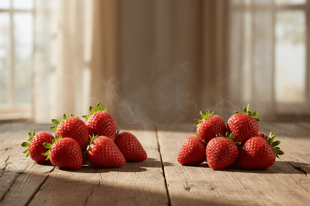 Clusters of organic and conventional strawberries on a wooden surface under soft daylight, hinting at differences in quality