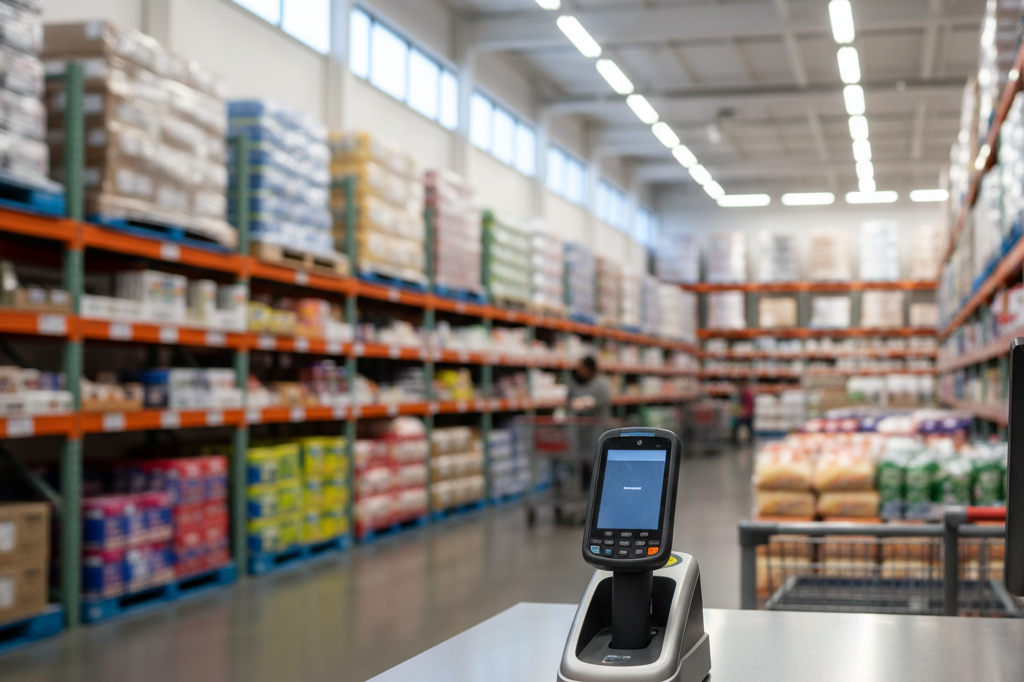 Medium shot of a clean, sunlit retail warehouse aisle with barcode scanner on counter and fully stocked generic-branded shelves