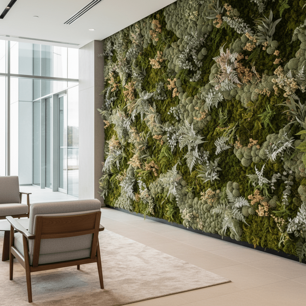Modern corporate lobby with a lush biophilic accent wall of preserved moss and ferns.