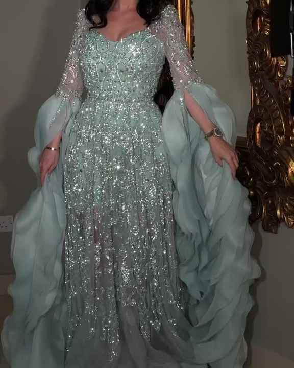 Sharon Said SS410 Aqua Luxury Long Sleeve Evening Dress Arabic Women's  Beaded Tiered Ruffles Elegant Party Gowns