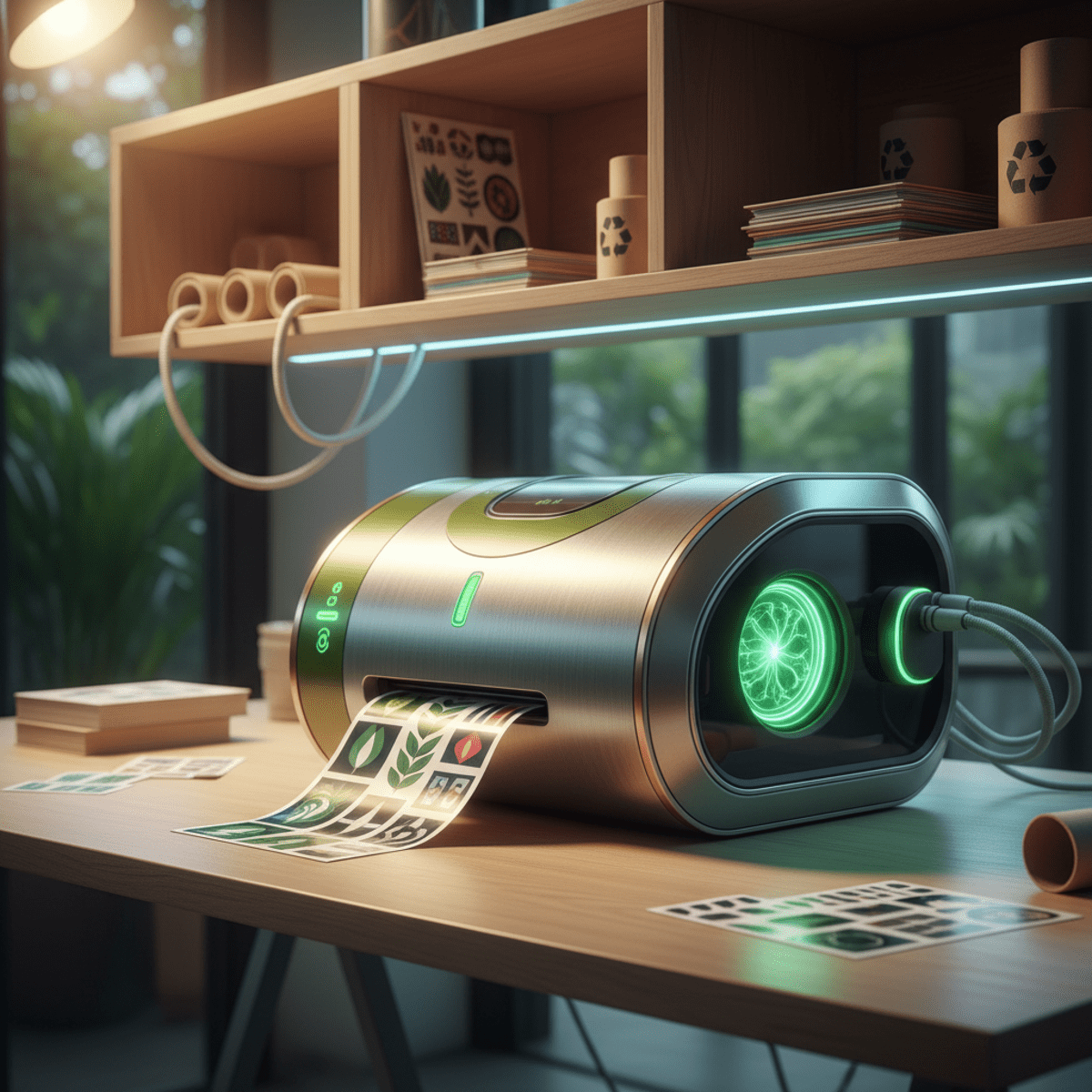 Futuristic eco-friendly sticker printer with green energy indicators in a minimalist studio.