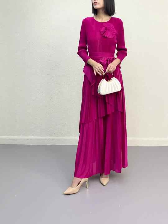 Polyester Fabric Pleated Long Sleeve Two Piece Dress Set
