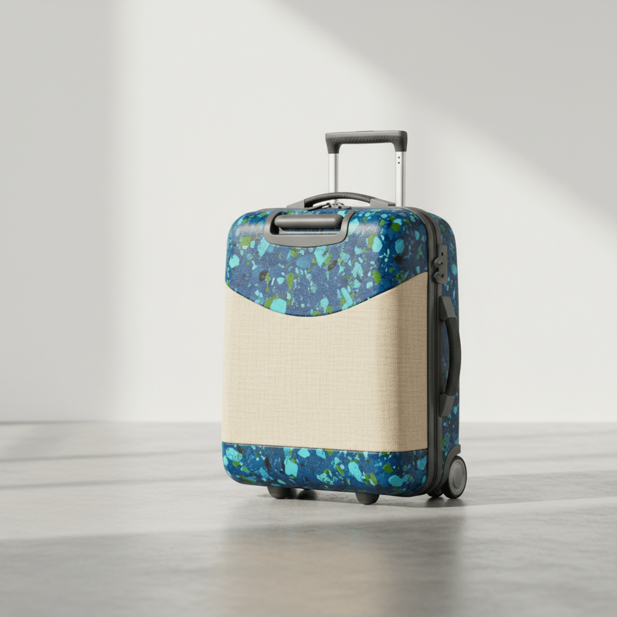 Sustainable trolley bag made from ocean plastic Eco-conscious trolley bag with flecked patterns, molded from recycled ocean plastic.