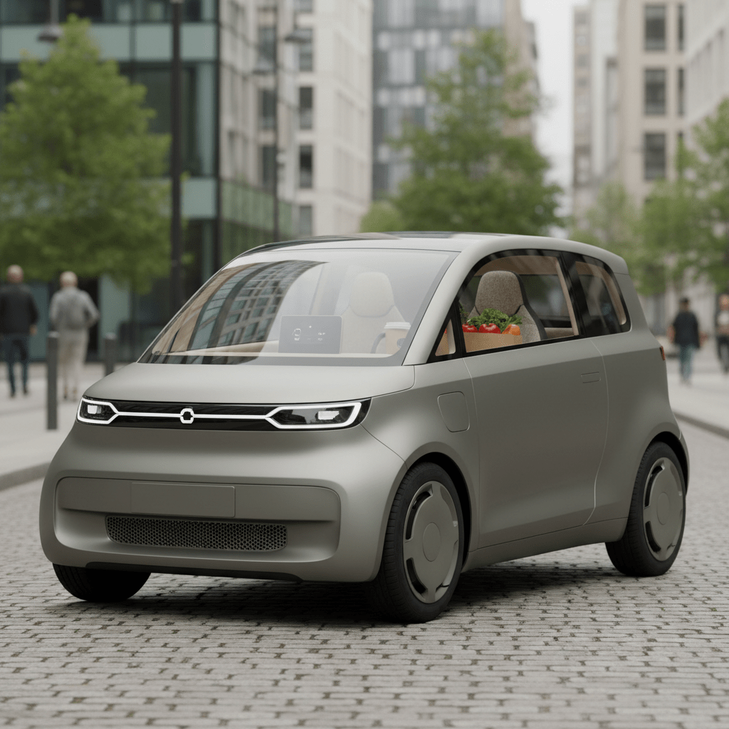 Sleek, affordable compact car with modular matte gray panels in an urban setting.