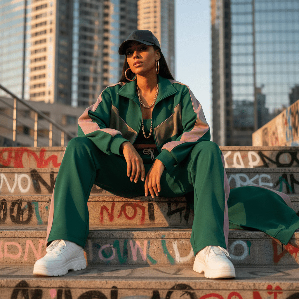 Model in forest green 80s hip hop tracksuit on graffiti steps at golden hour.