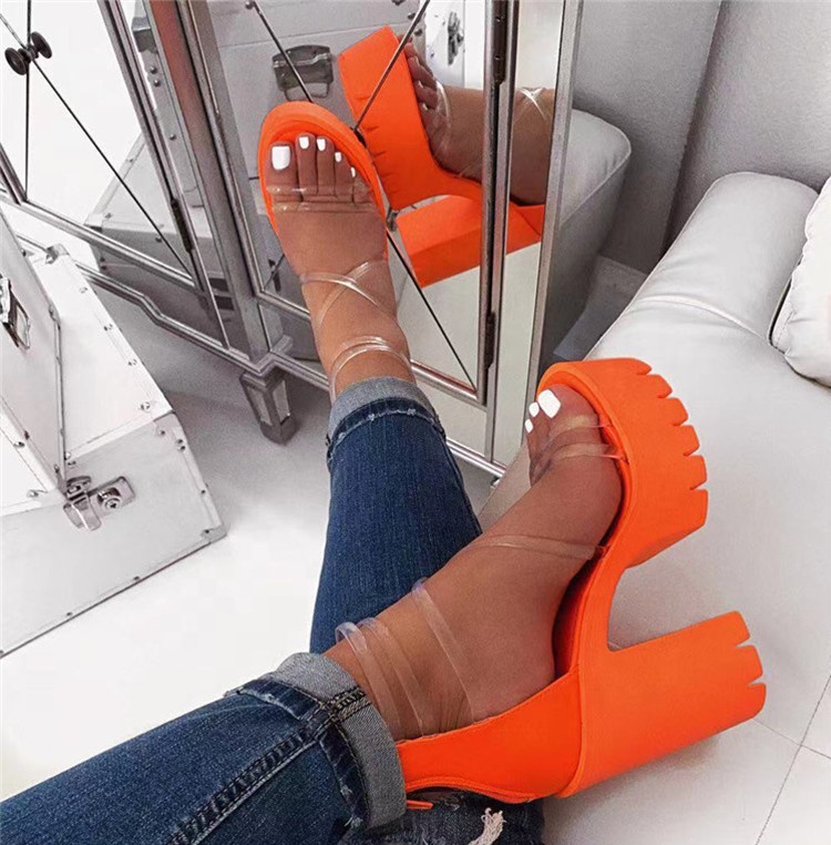 Women High-heeled Cross PVC Straps Platform Sandals Sexy Chunky Heel Shoes Thick Bottom Footwear