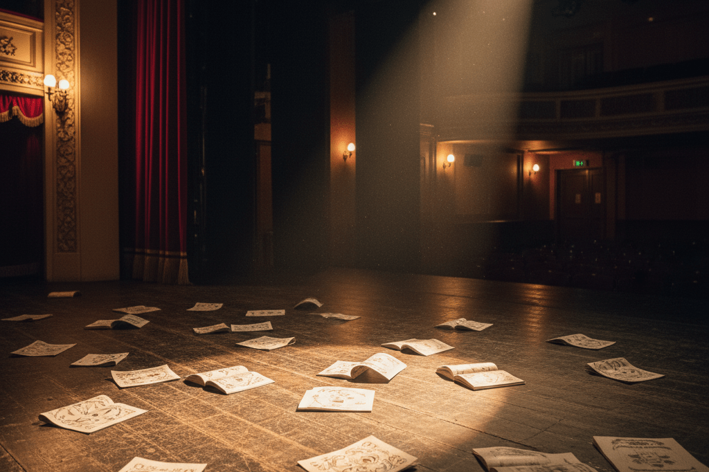 Dusty theater stage with scattered programs and velvet curtains under warm spotlights symbolizing award-driven ticket surge