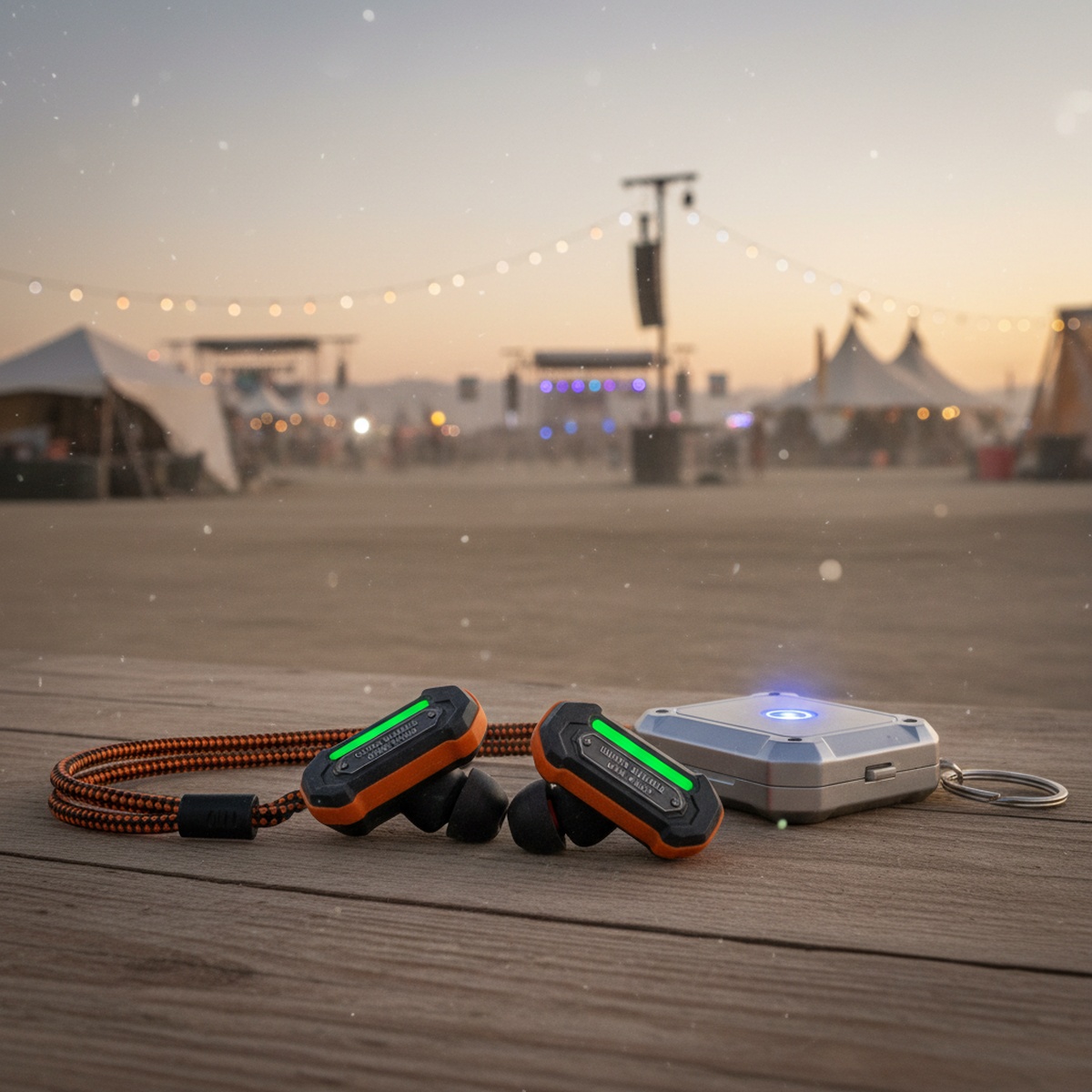 Durable concert earplugs in a dusty desert festival setting with glow-in-the-dark strips.