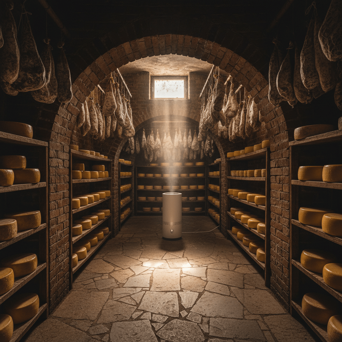 Atmospheric artisanal cheese and meat cellar with aged products and mist.