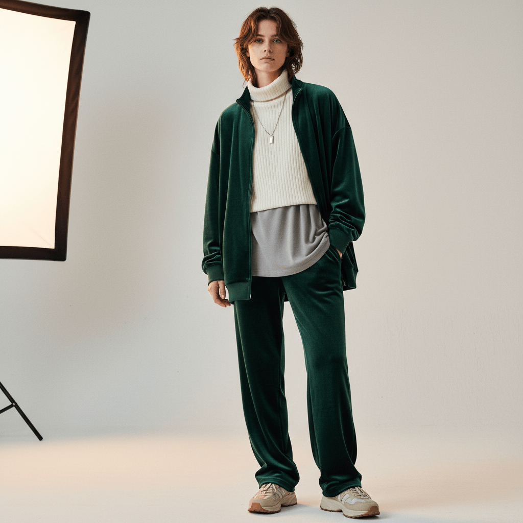 Model in luxurious deep emerald velvet tracksuit with rich texture and subtle sheen.