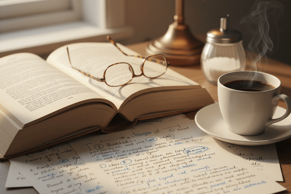 Close-up image of an open book surrounded by handwritten notes, suggesting literary analysis and authenticity concerns