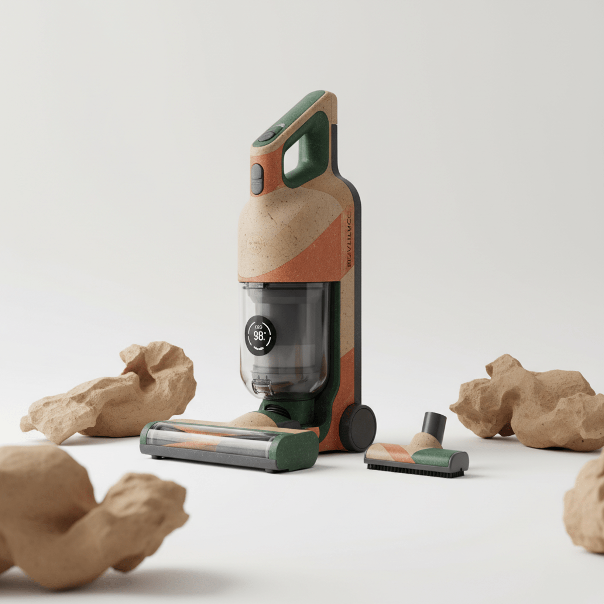 Affordable vacuum cleaner made from ocean plastic and recycled electronics.