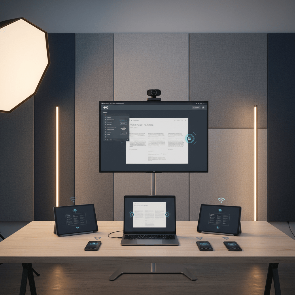 Contemporary meeting space with 4K TV, laptops, and cameras for team readiness.