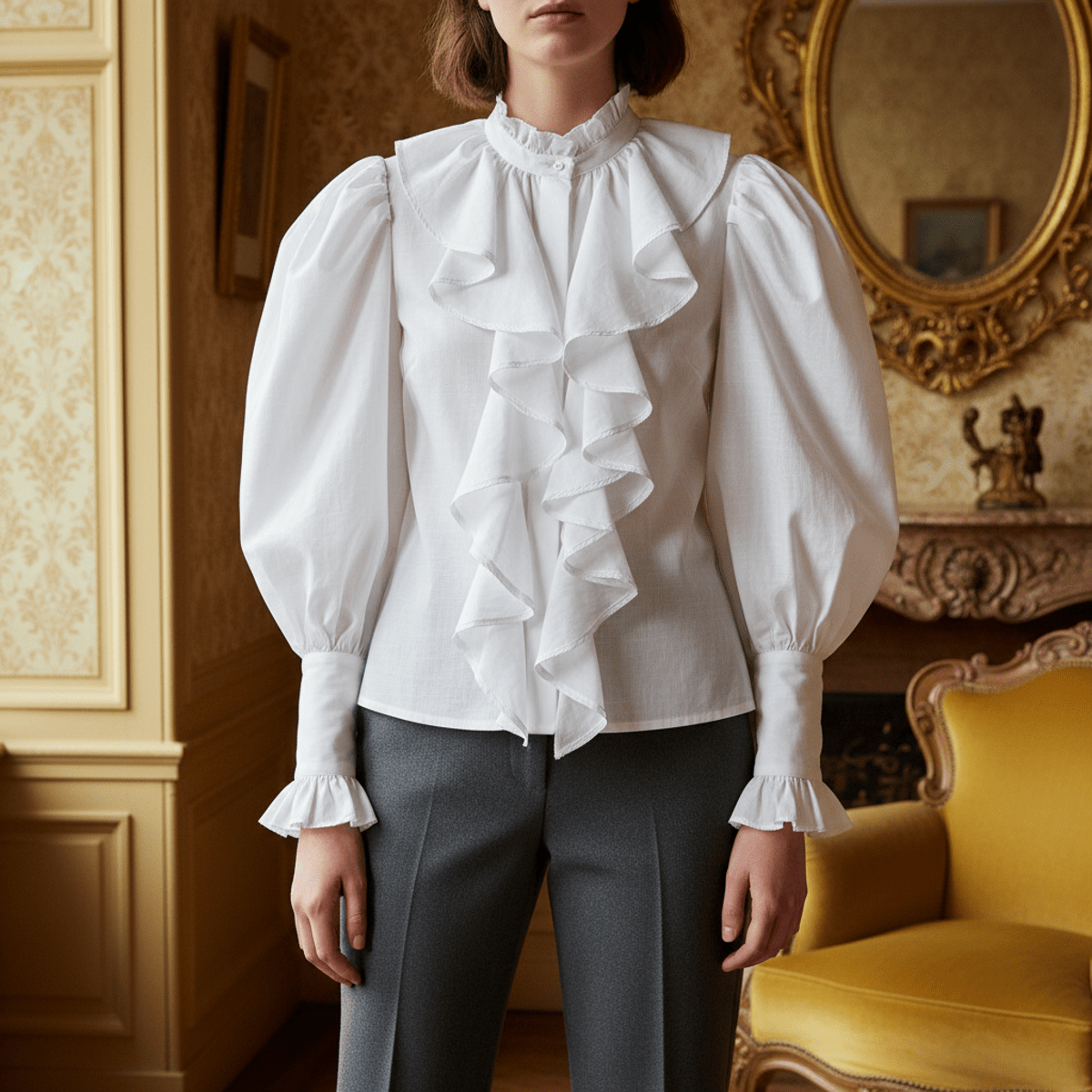 Crisp cotton blouse with leg-of-mutton sleeves and ruffles paired with tailored trousers.