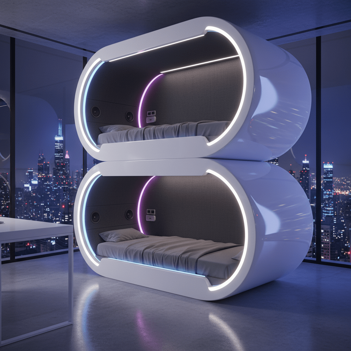 Futuristic white bunk bed capsule with ambient LED lighting in a modern bedroom.