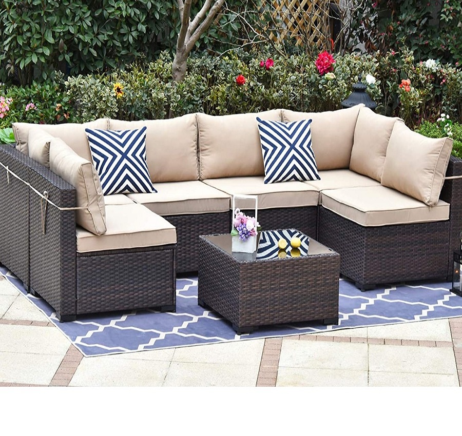 Мебель для патио, уличный Плетеный обеденный набор из ротанга, мягкое сиденье, садовый секционный диван для разговора со стеклянным верхом, журнальный столик