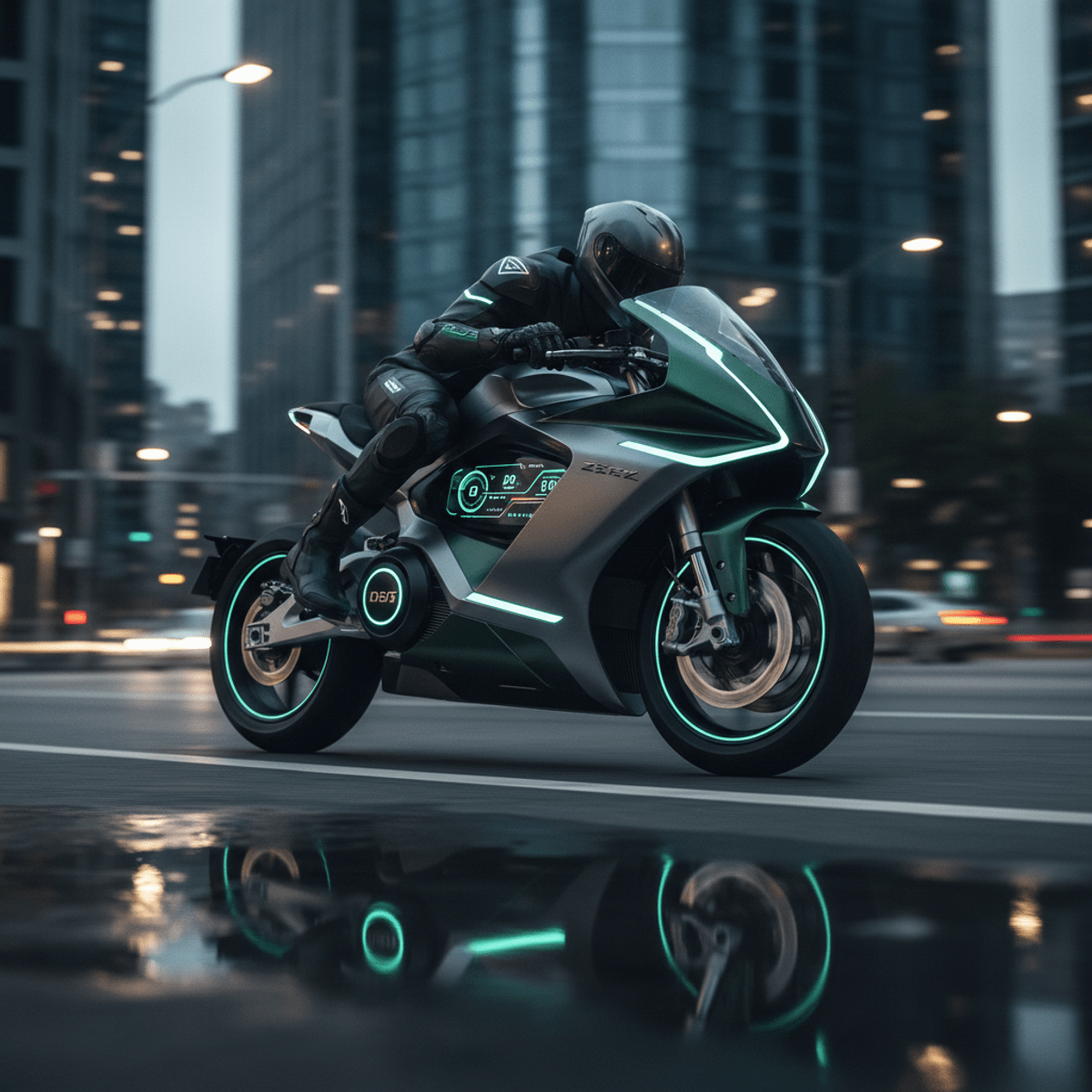 Futuristic electric motorcycle on a modern city street at dusk. Sleek electric motorcycle with neon lights glides on a wet city street at dusk.