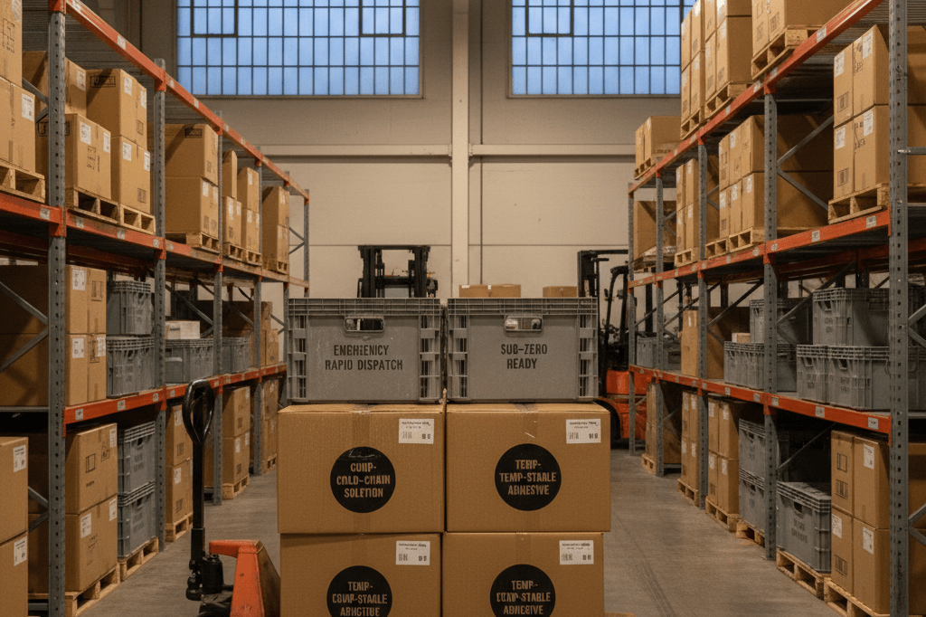 Retail warehouse aisle with stacked weather-proof boxes and emergency supplies under warm ambient light