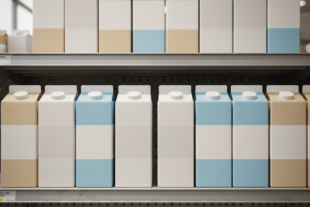 Neatly arranged milk cartons on a store shelf under warm lighting symbolizing recall logistics and quality checks