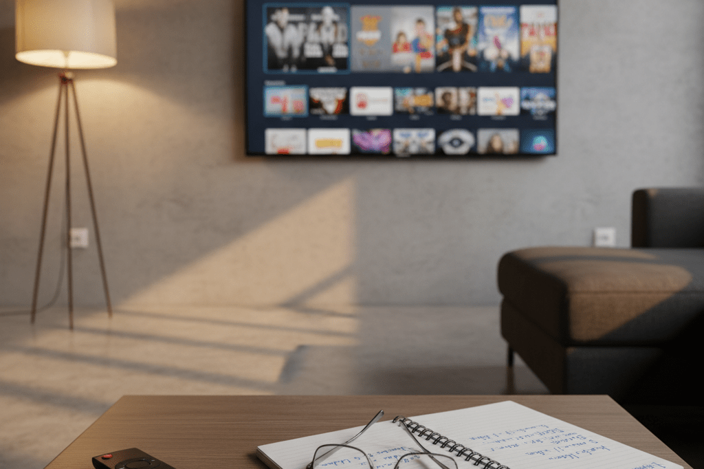 Modern living room with smart TV showing streaming menu under warm ambient light, emphasizing subscription service usage