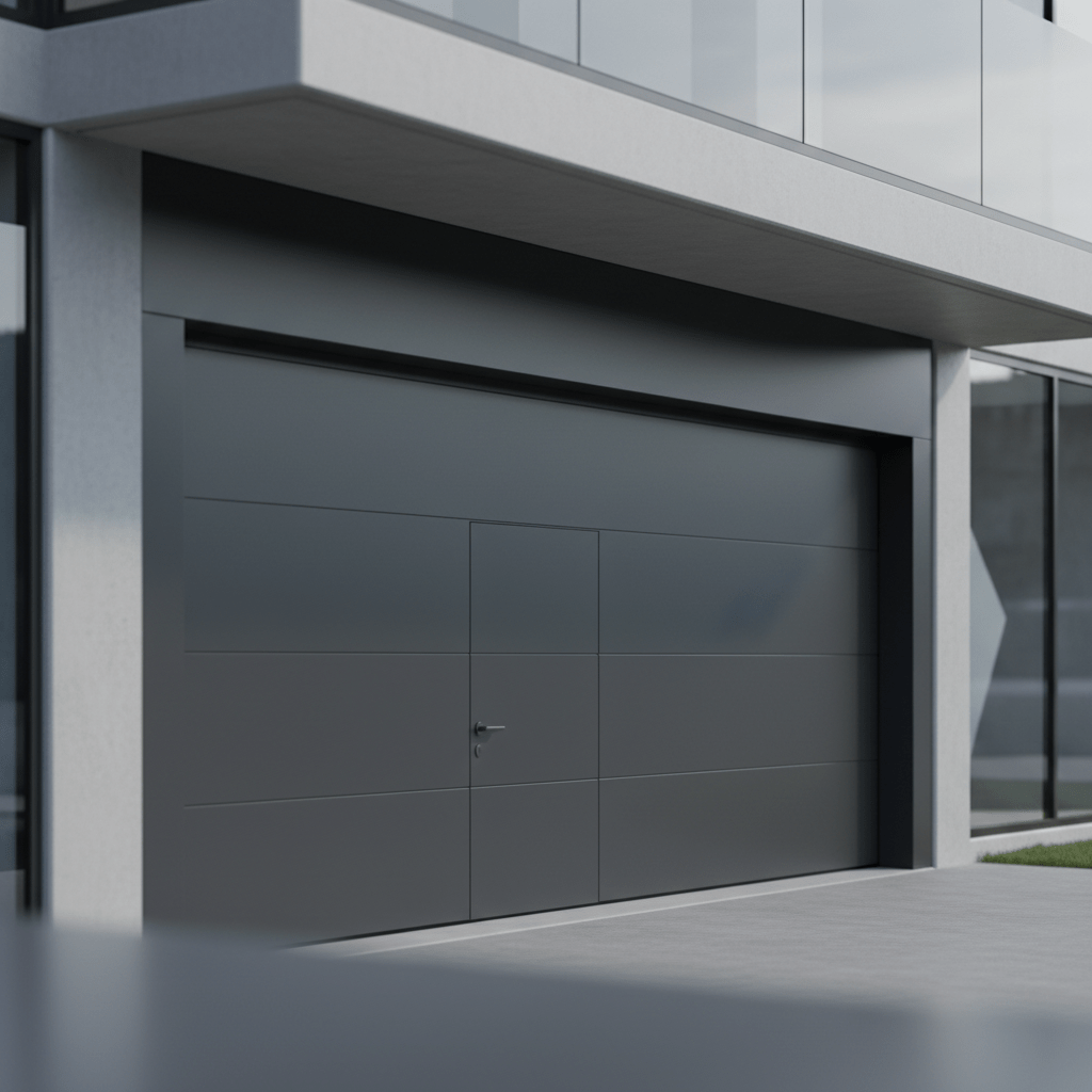 Sleek flush-panel garage door in deep charcoal gray with invisible pedestrian access.