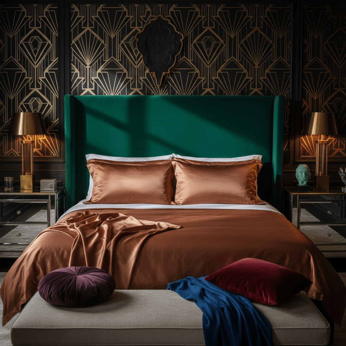 Luxurious bedroom with satin copper pillows on a velvet headboard and Art Deco wallpaper.