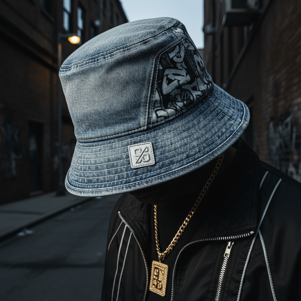 Close-up of a vintage washed denim bucket hat with hip hop streetwear style.