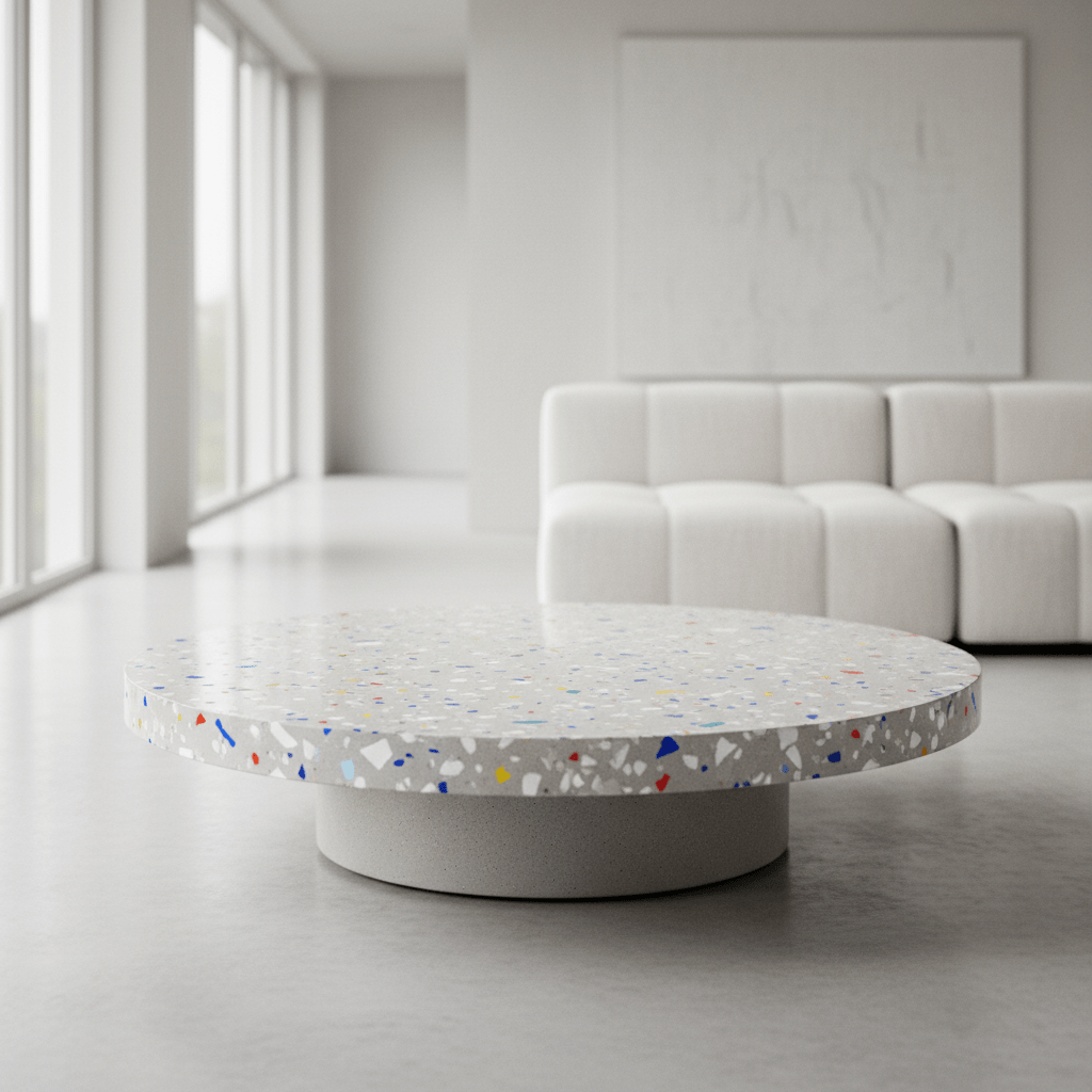 Minimalist terrazzo coffee table with recycled chips in a bright, uncluttered living space.