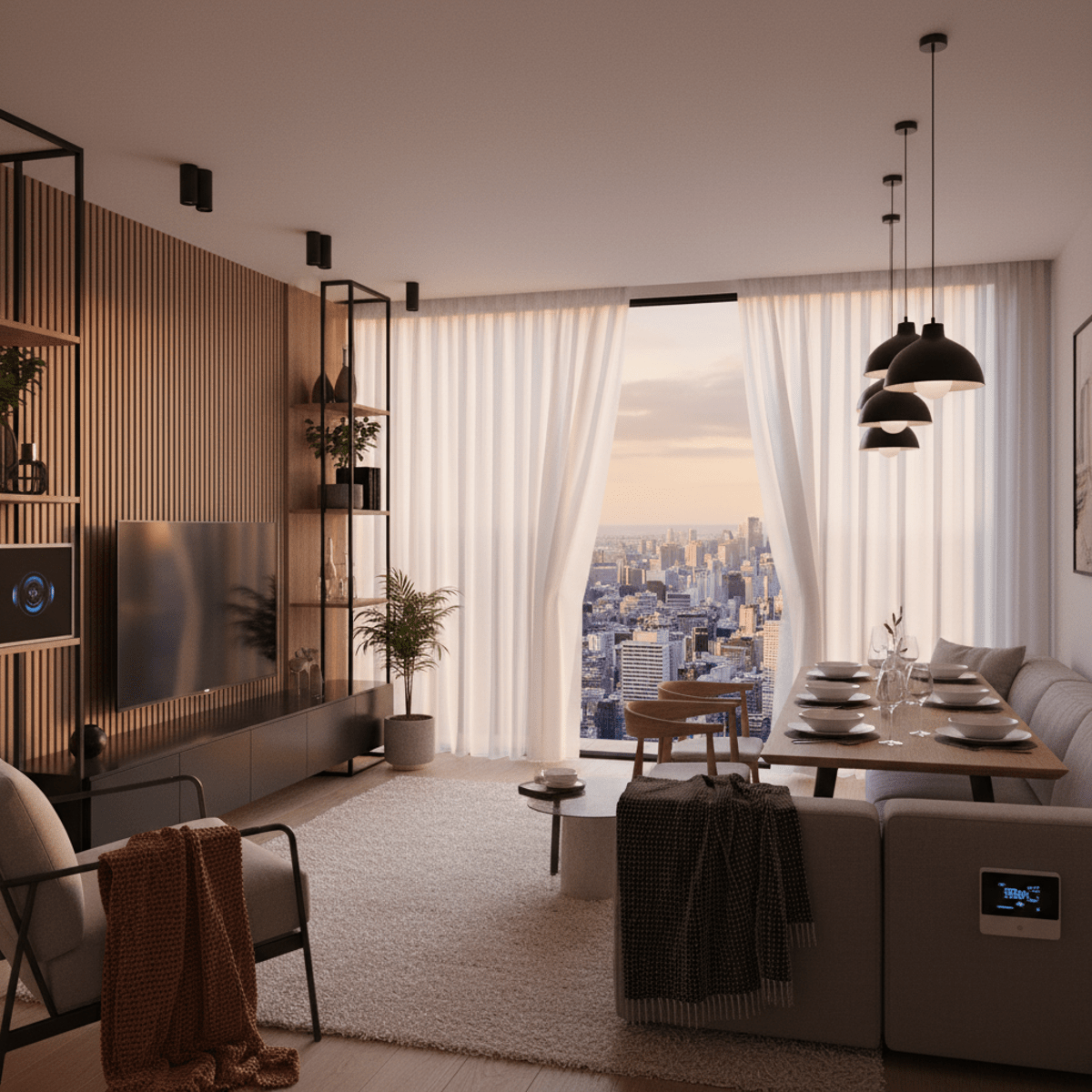 Cozy smart home bathed in golden hour light, revealing a city skyline.